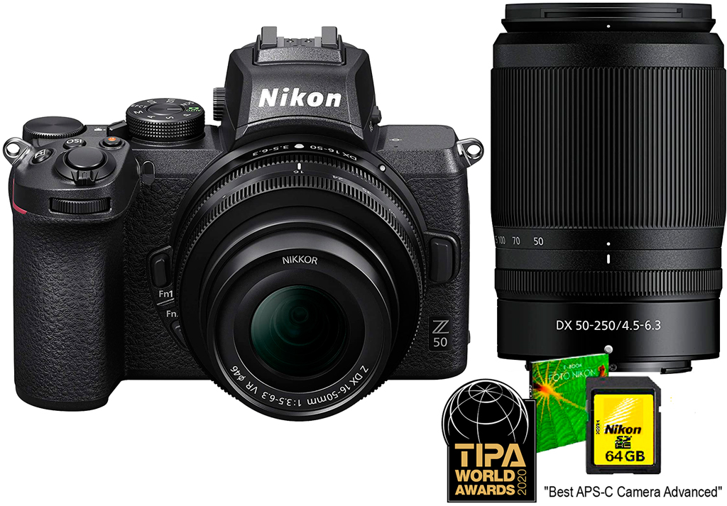 Câmera Nikon Z 50 + Objetiva NIKKOR Z DX 16-50mm f3.5-6.3 VR + NIKKOR Z DX 50-250mm f4.5-6.3 VR + SD